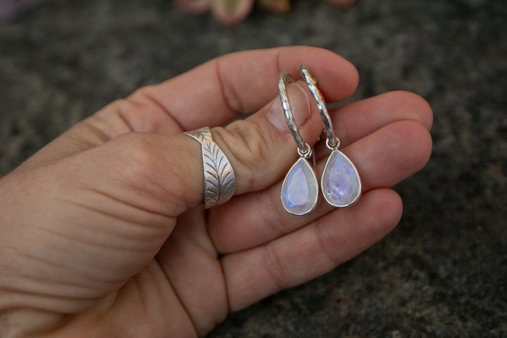 Rainbow Moonstone Hoop Stud Earrings in Sterling Silver Setting