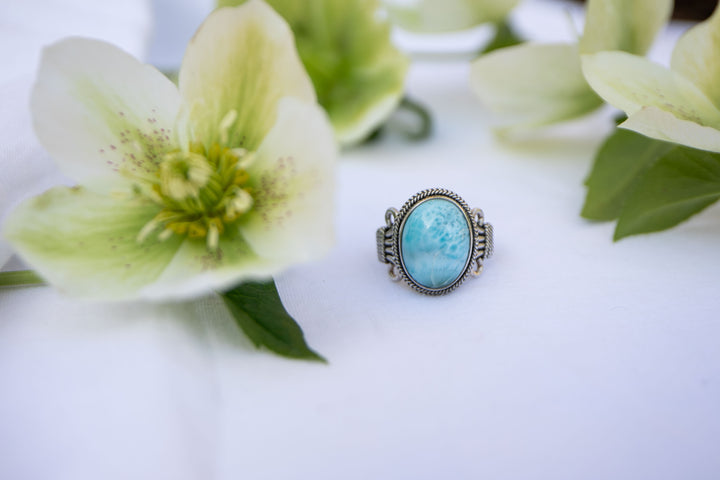 Larimar Ring in Tribal Sterling Silver Setting - Size 8.5 US