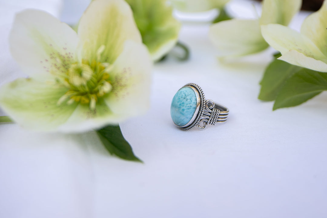 Larimar Ring in Tribal Sterling Silver Setting - Size 8.5 US