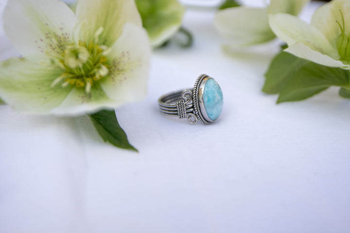 Larimar Ring in Tribal Sterling Silver Setting - Size 8.5 US