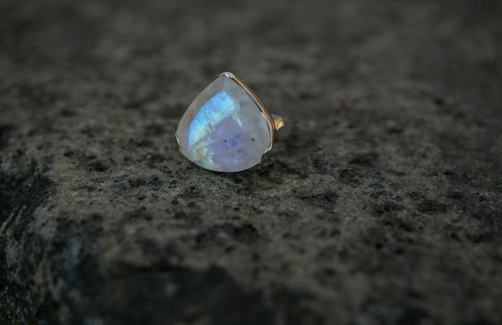 Faceted Rainbow Moonstone Ring in Teardrop Sterling Silver Setting - Size 9 US