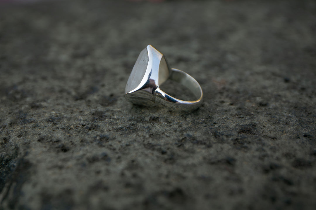 Faceted Rainbow Moonstone Ring in Teardrop Sterling Silver Setting - Size 9 US