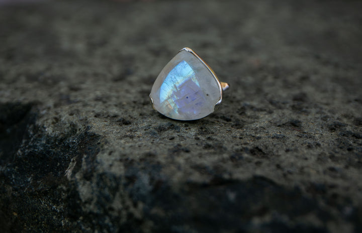 Faceted Rainbow Moonstone Ring in Teardrop Sterling Silver Setting - Size 9 US