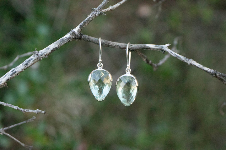 Faceted Green Amethyst or Prasiolite Earrings set in Sterling Silver