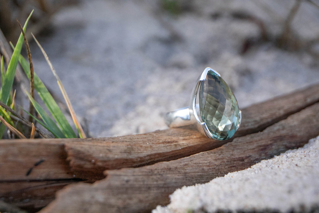 Faceted Green Amethyst Ring in Sterling Silver Setting - Size 7.5 US