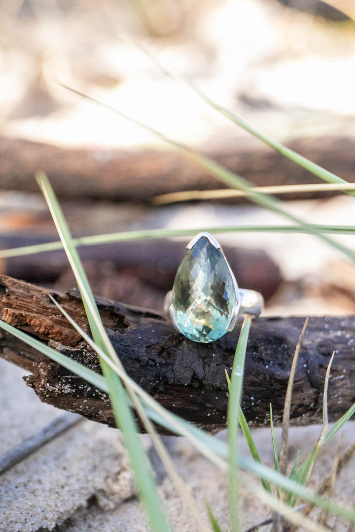 Faceted Green Amethyst Ring in Sterling Silver Setting - Size 7.5 US