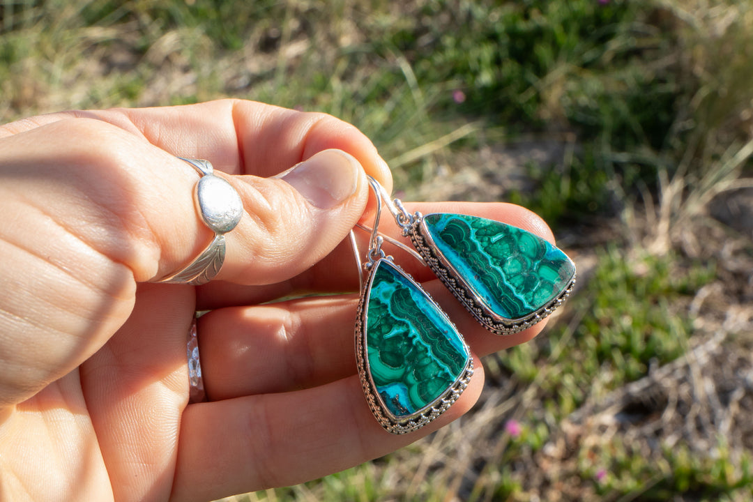 Malachite in Chrysocolla Earrings in Decorative Sterling Silver