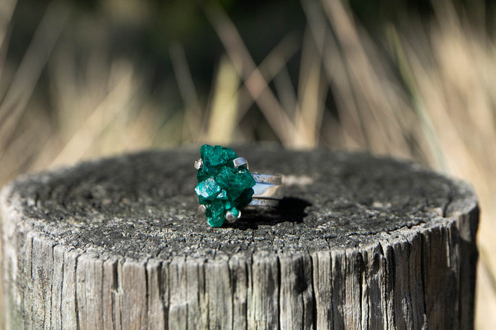 One of a Kind Claw Set Raw Dioptase Ring set in Unique Sterling Silver Band - Size 7 US
