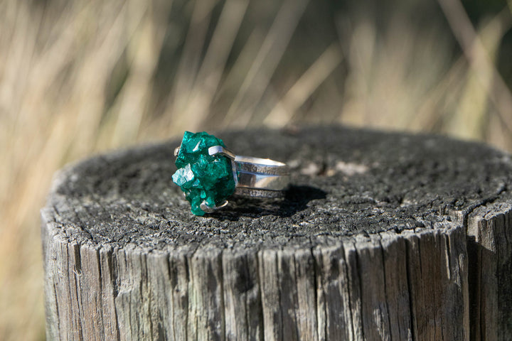 One of a Kind Claw Set Raw Dioptase Ring set in Unique Sterling Silver Band - Size 7 US