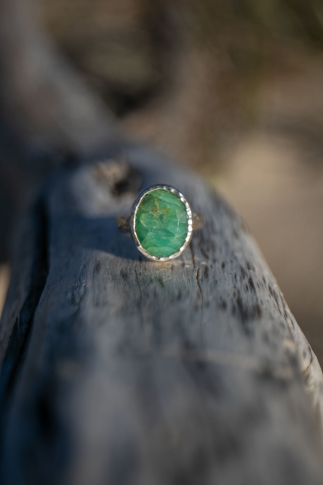 Peruvian Opal Ring set in Beaten Sterling Silver Setting - Size 8 US