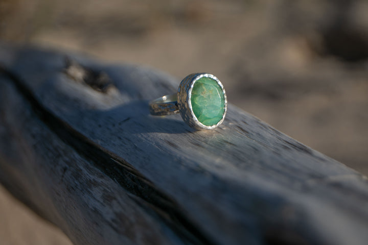 Peruvian Opal Ring set in Beaten Sterling Silver Setting - Size 8 US