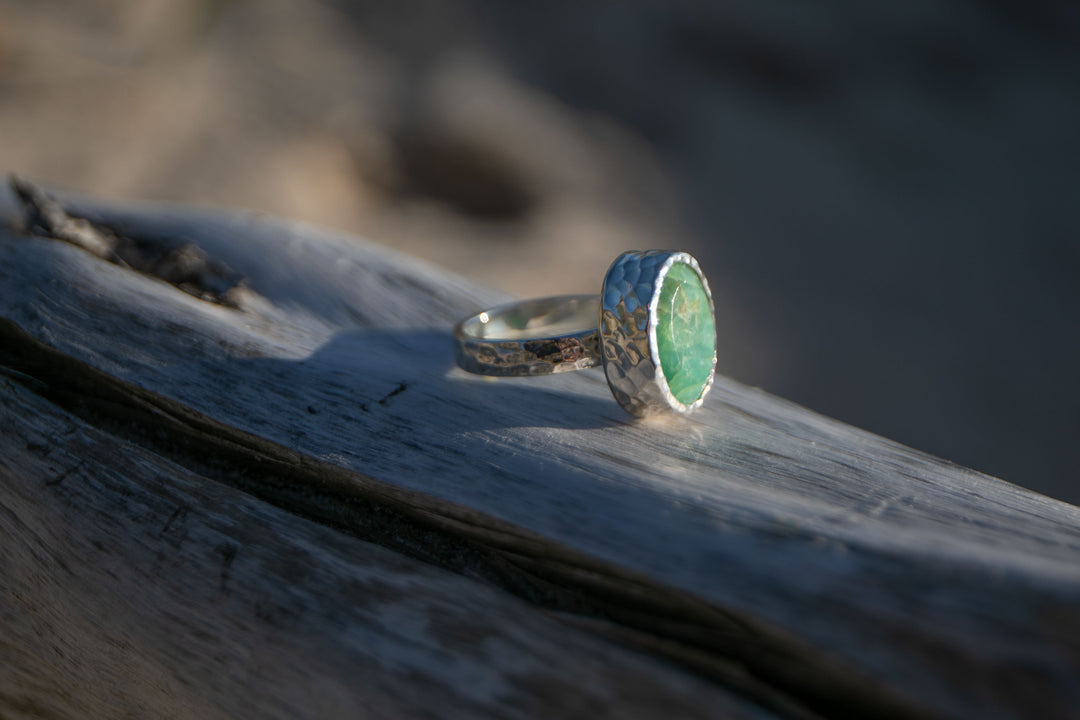 Peruvian Opal Ring set in Beaten Sterling Silver Setting - Size 8 US