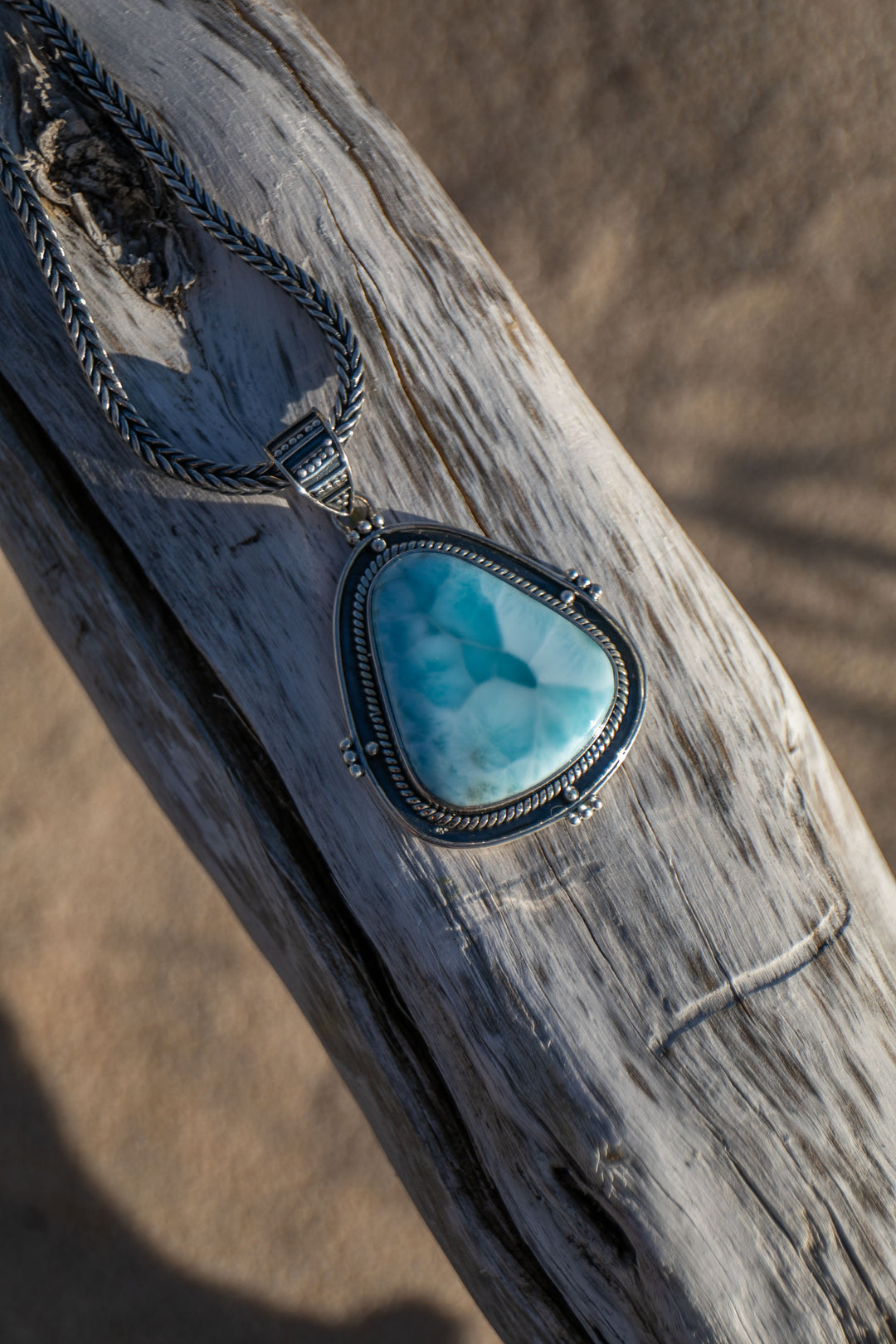 Tribal Design Larimar Pendant set in 92.5% Sterling Silver