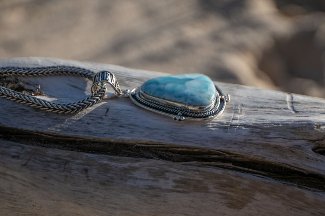 Tribal Design Larimar Pendant set in 92.5% Sterling Silver