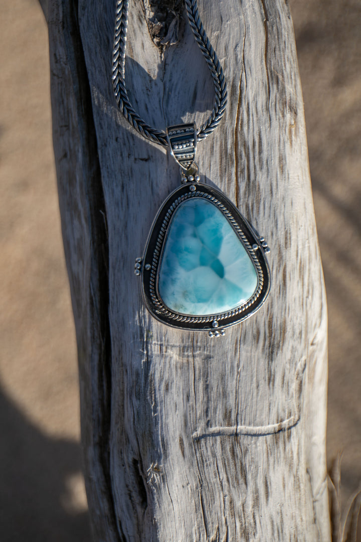 Tribal Design Larimar Pendant set in 92.5% Sterling Silver