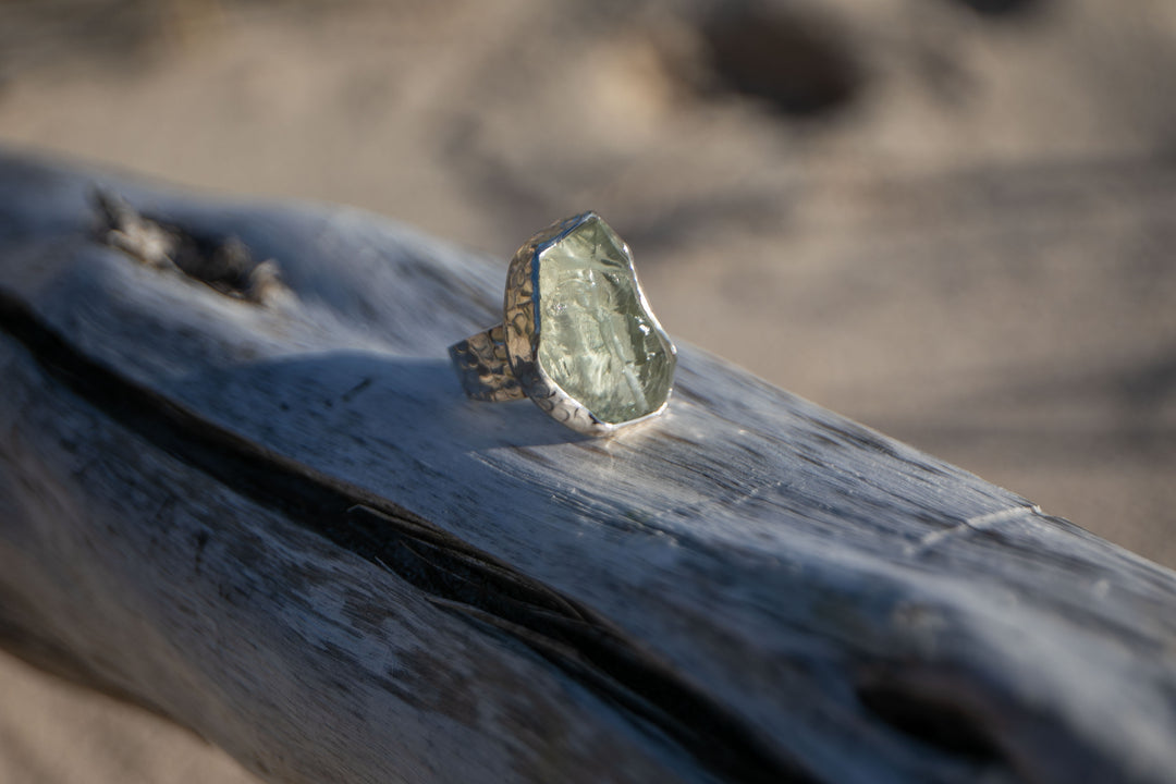 Raw Green Amethyst Ring set in Beaten Sterling Silver - Adjustable