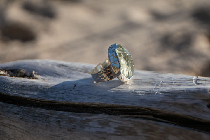 Raw Green Amethyst Ring set in Beaten Sterling Silver - Adjustable