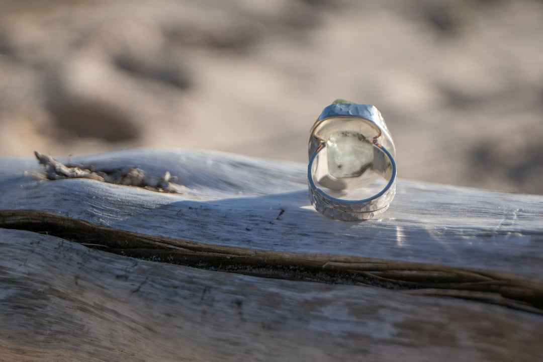 Raw Green Amethyst Ring set in Beaten Sterling Silver - Adjustable