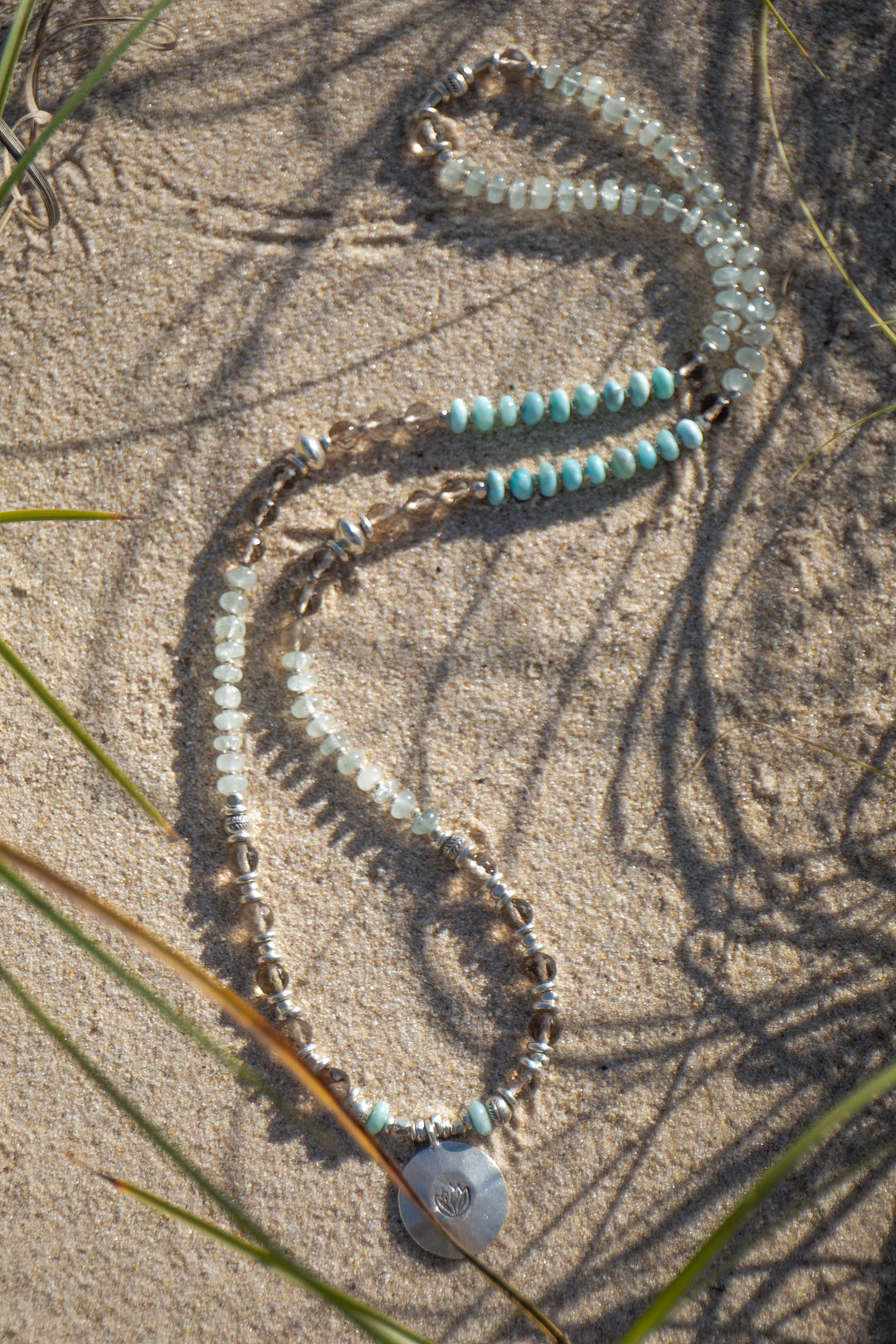 Larimar, Smokey Quartz + Aquamarine Mala Necklace with Lotus Pendant