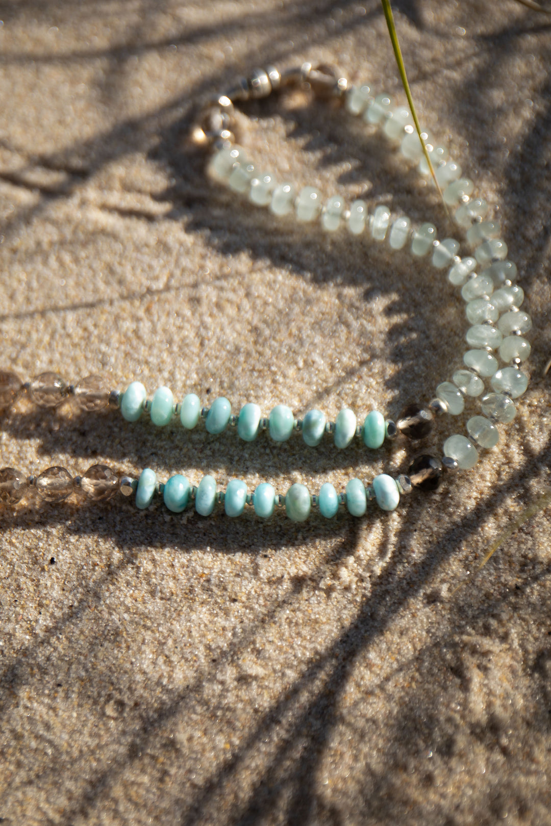 Larimar, Smokey Quartz + Aquamarine Mala Necklace with Lotus Pendant