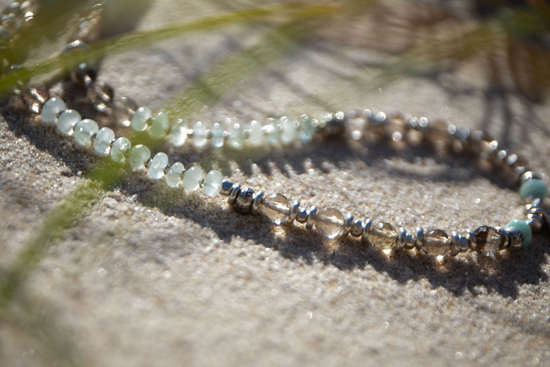 Larimar, Smokey Quartz + Aquamarine Mala Necklace with Lotus Pendant