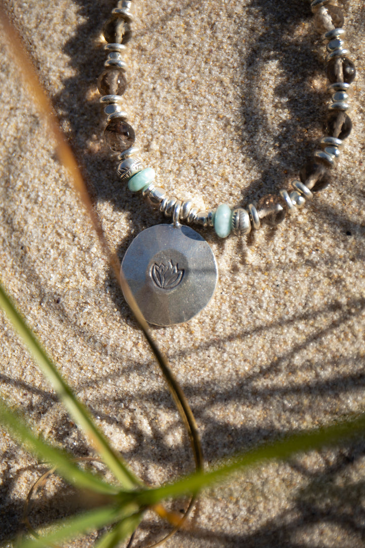 Larimar, Smokey Quartz + Aquamarine Mala Necklace with Lotus Pendant