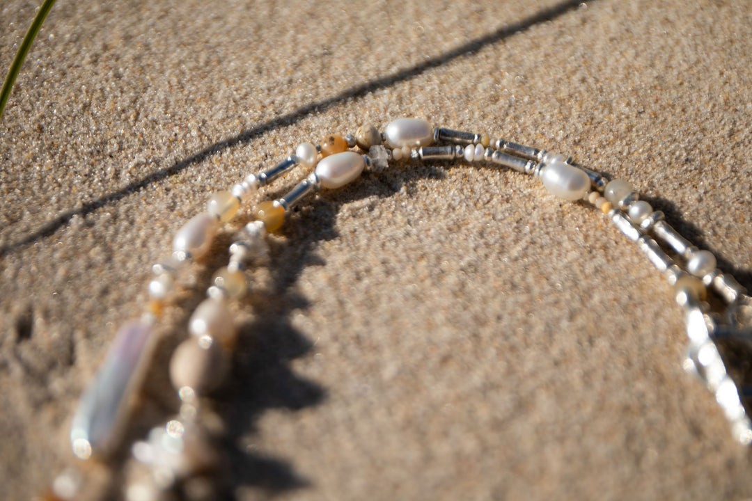 Beaded Dendritic Agate, Freshwater Pearl and Herkimer Diamond Necklace with Thai Hill Tribe Silver