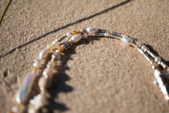 Beaded Dendritic Agate, Freshwater Pearl and Herkimer Diamond Necklace with Thai Hill Tribe Silver