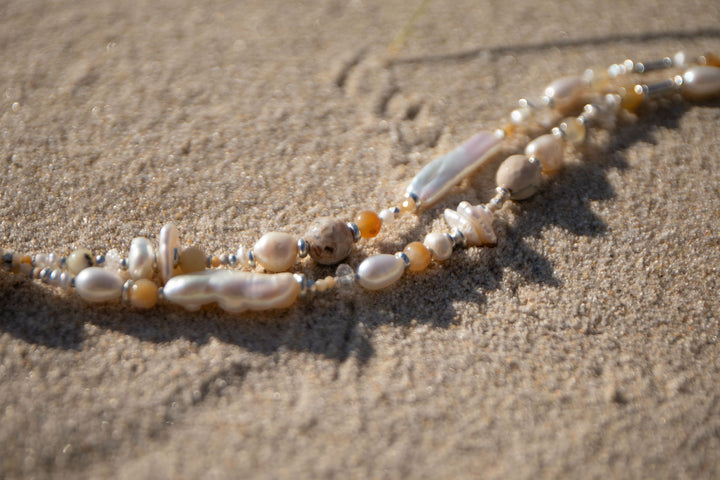 Beaded Dendritic Agate, Freshwater Pearl and Herkimer Diamond Necklace with Thai Hill Tribe Silver