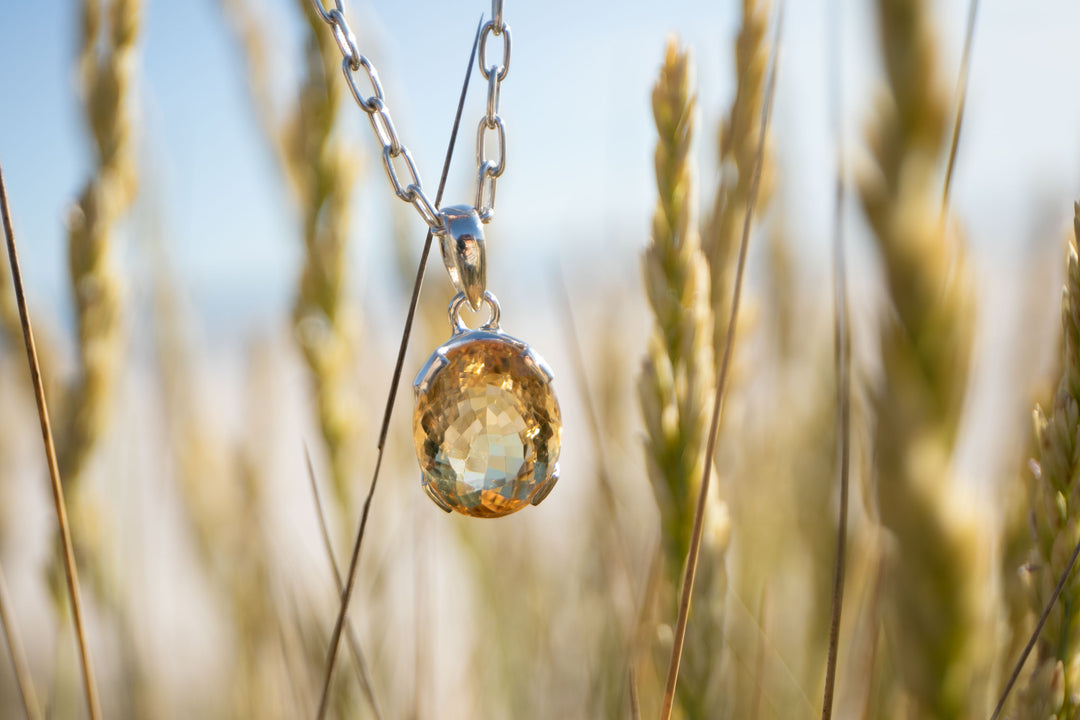 Oval Faceted Natural Citrine Pendant in Unique Sterling Silver Setting