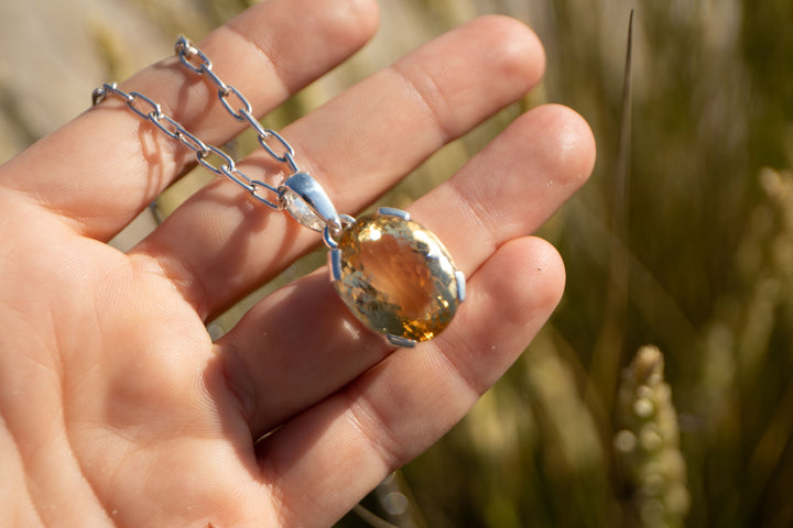 Oval Faceted Natural Citrine Pendant in Unique Sterling Silver Setting