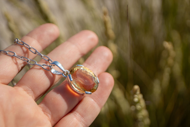 Oval Faceted Natural Citrine Pendant in Unique Sterling Silver Setting