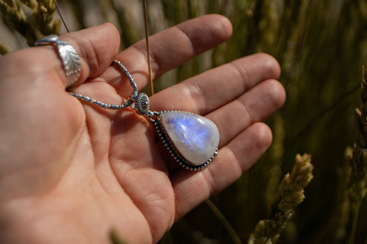 Rainbow Moonstone Pendant in Tribal Sterling Silver Setting