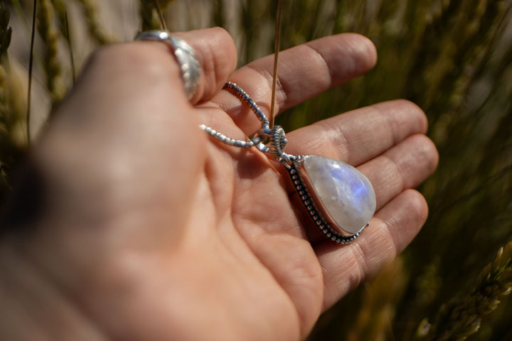 Rainbow Moonstone Pendant in Tribal Sterling Silver Setting