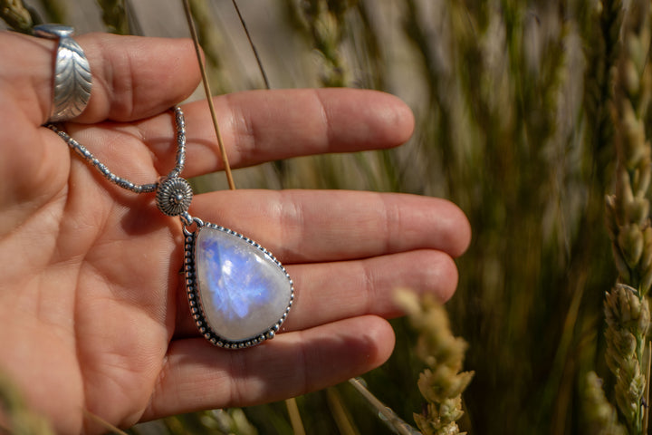 Rainbow Moonstone Pendant in Tribal Sterling Silver Setting