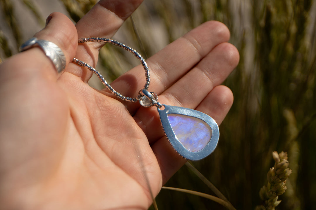 Rainbow Moonstone Pendant in Tribal Sterling Silver Setting