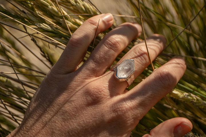 Herkimer Diamond Ring set in Beaten Sterling Silver - Adjustable