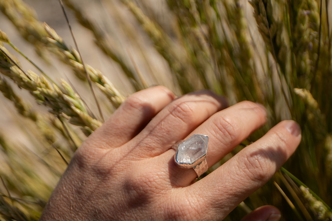 Herkimer Diamond Ring set in Beaten Sterling Silver - Adjustable