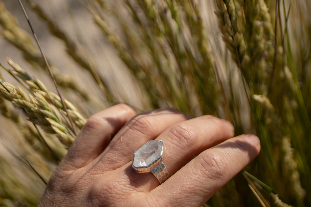 Herkimer Diamond Ring set in Beaten Sterling Silver - Adjustable