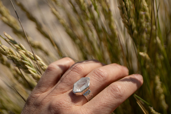 Herkimer Diamond Ring set in Beaten Sterling Silver - Adjustable