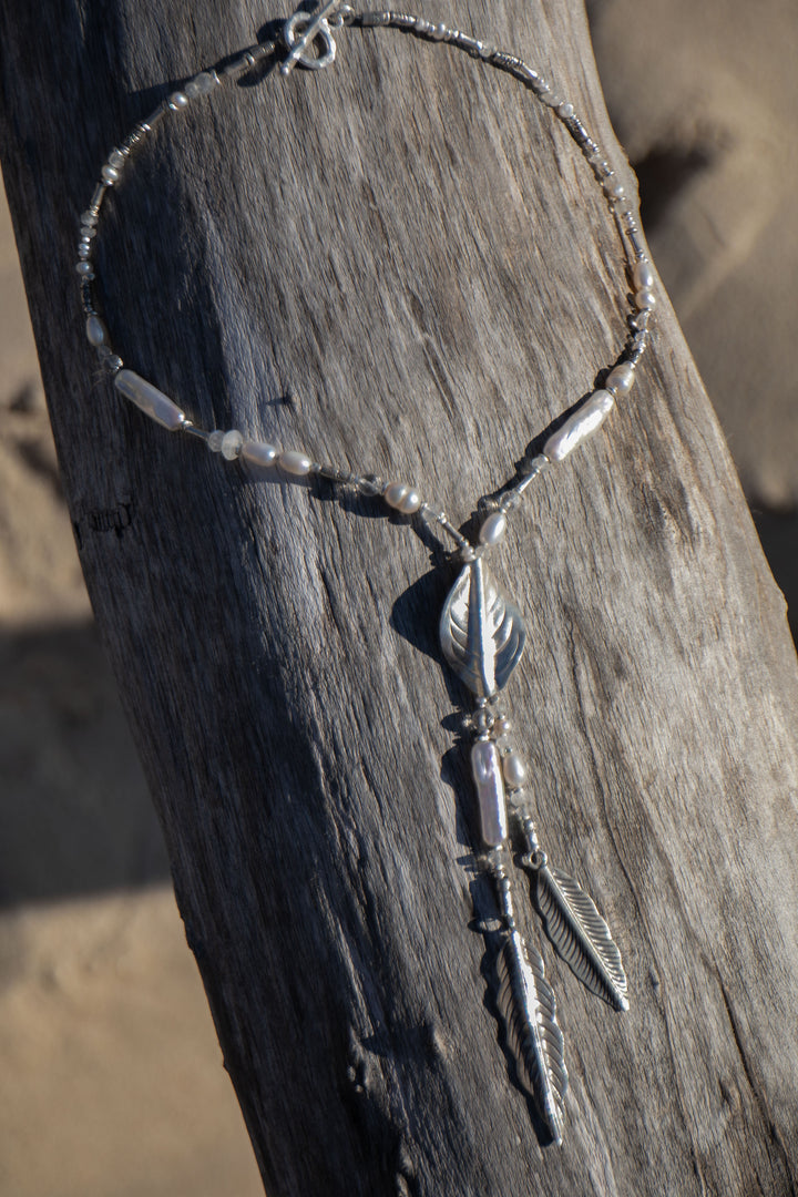 Mixed Freshwater + Biwa Pearl, Moonstone and Thai Hill Tribe Silver Necklace