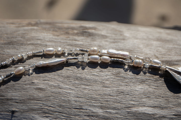 Mixed Freshwater + Biwa Pearl, Moonstone and Thai Hill Tribe Silver Necklace