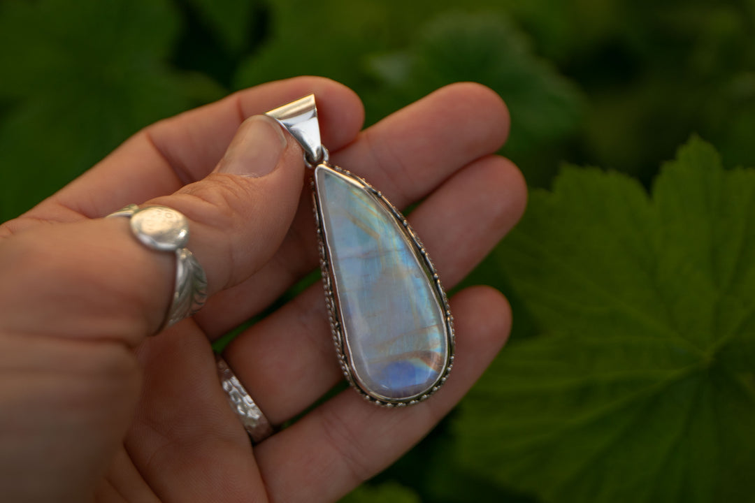 Statement Rainbow Moonstone Pendant in Tribal Sterling Silver Setting