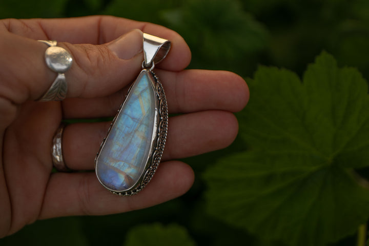 Statement Rainbow Moonstone Pendant in Tribal Sterling Silver Setting