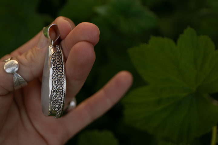 Statement Rainbow Moonstone Pendant in Tribal Sterling Silver Setting