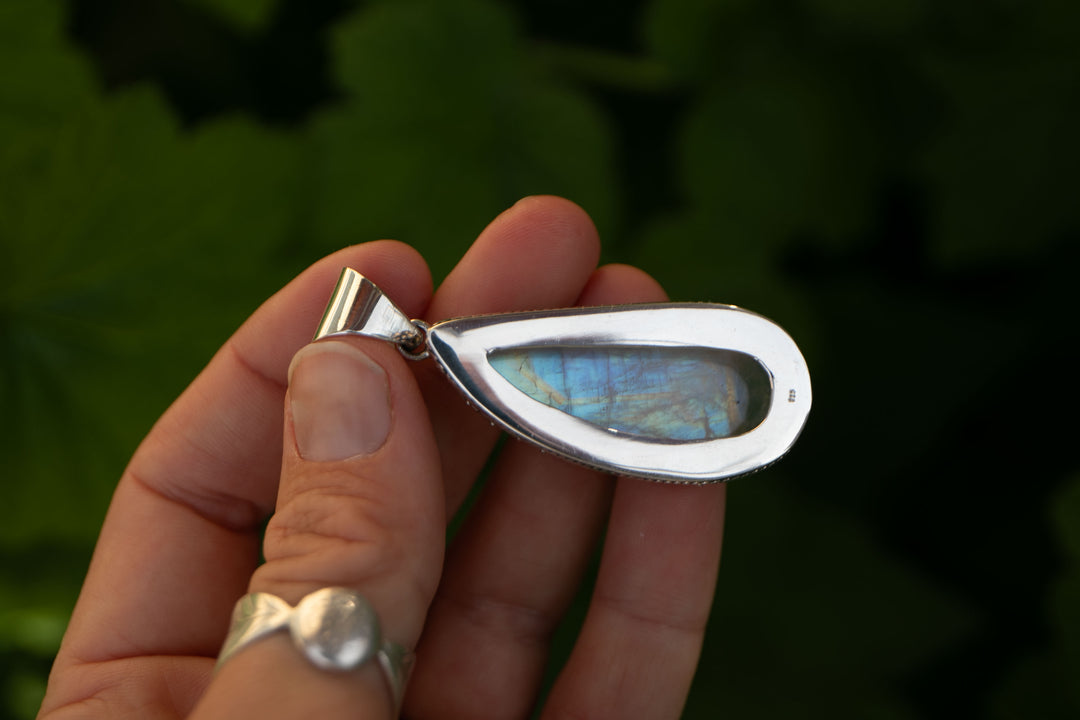 Statement Rainbow Moonstone Pendant in Tribal Sterling Silver Setting