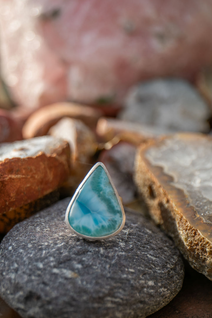 High Grade Teardrop Larimar Ring set in Sterling Silver - Adjustable Band