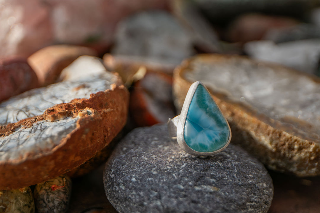 High Grade Teardrop Larimar Ring set in Sterling Silver - Adjustable Band