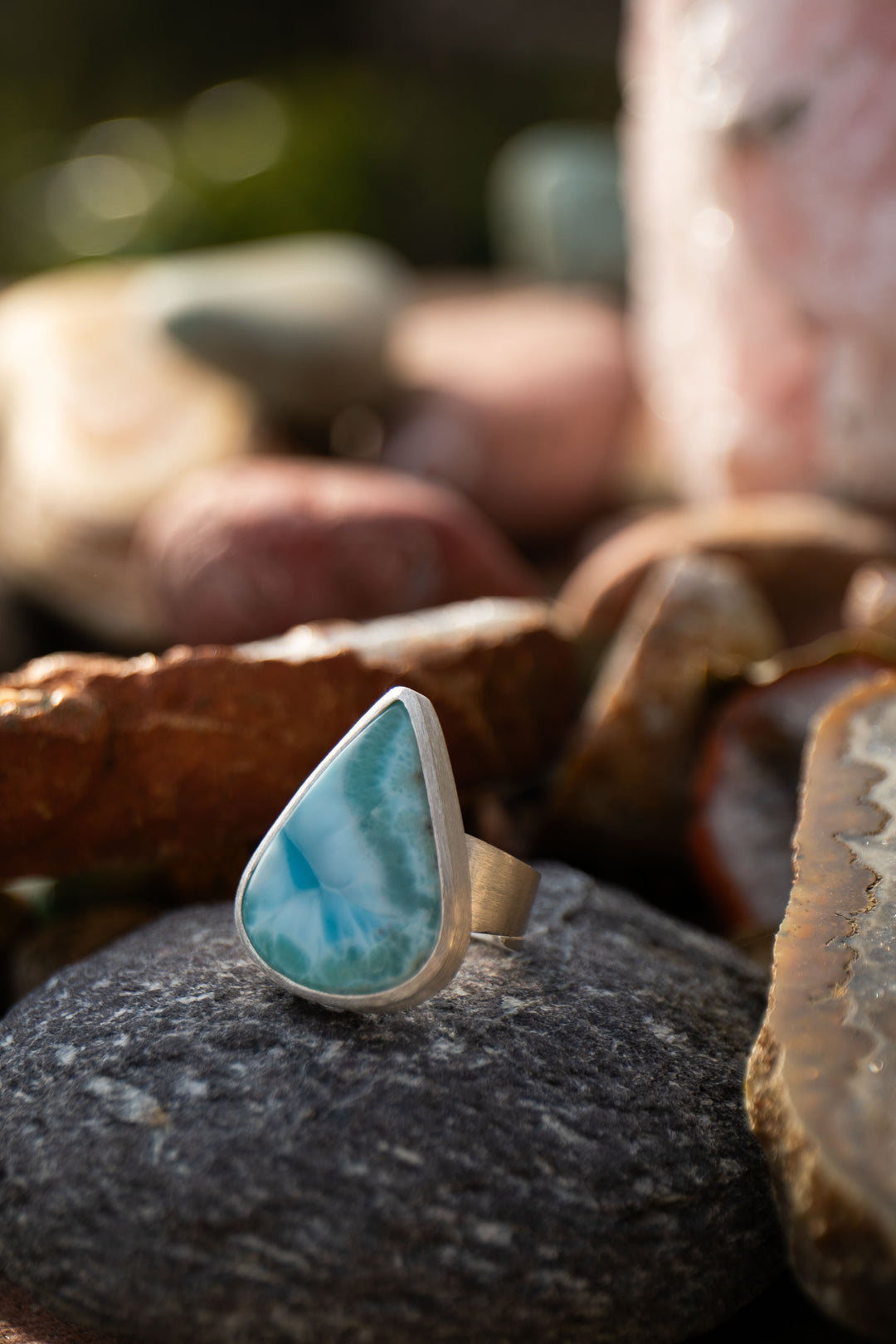 High Grade Teardrop Larimar Ring set in Sterling Silver - Adjustable Band