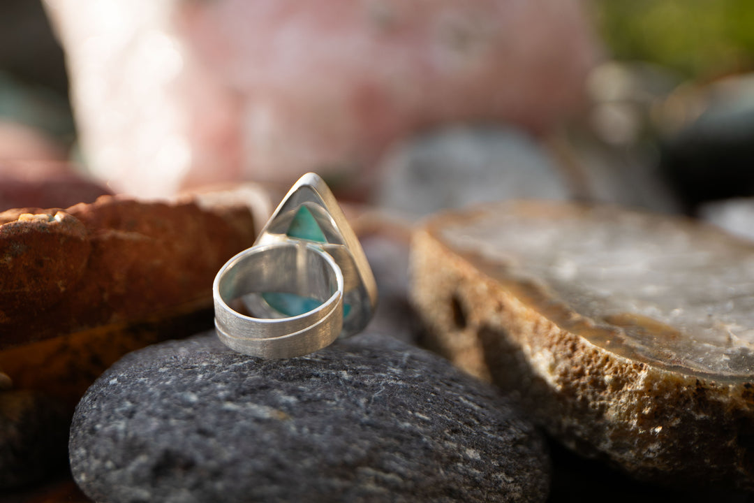 High Grade Teardrop Larimar Ring set in Sterling Silver - Adjustable Band